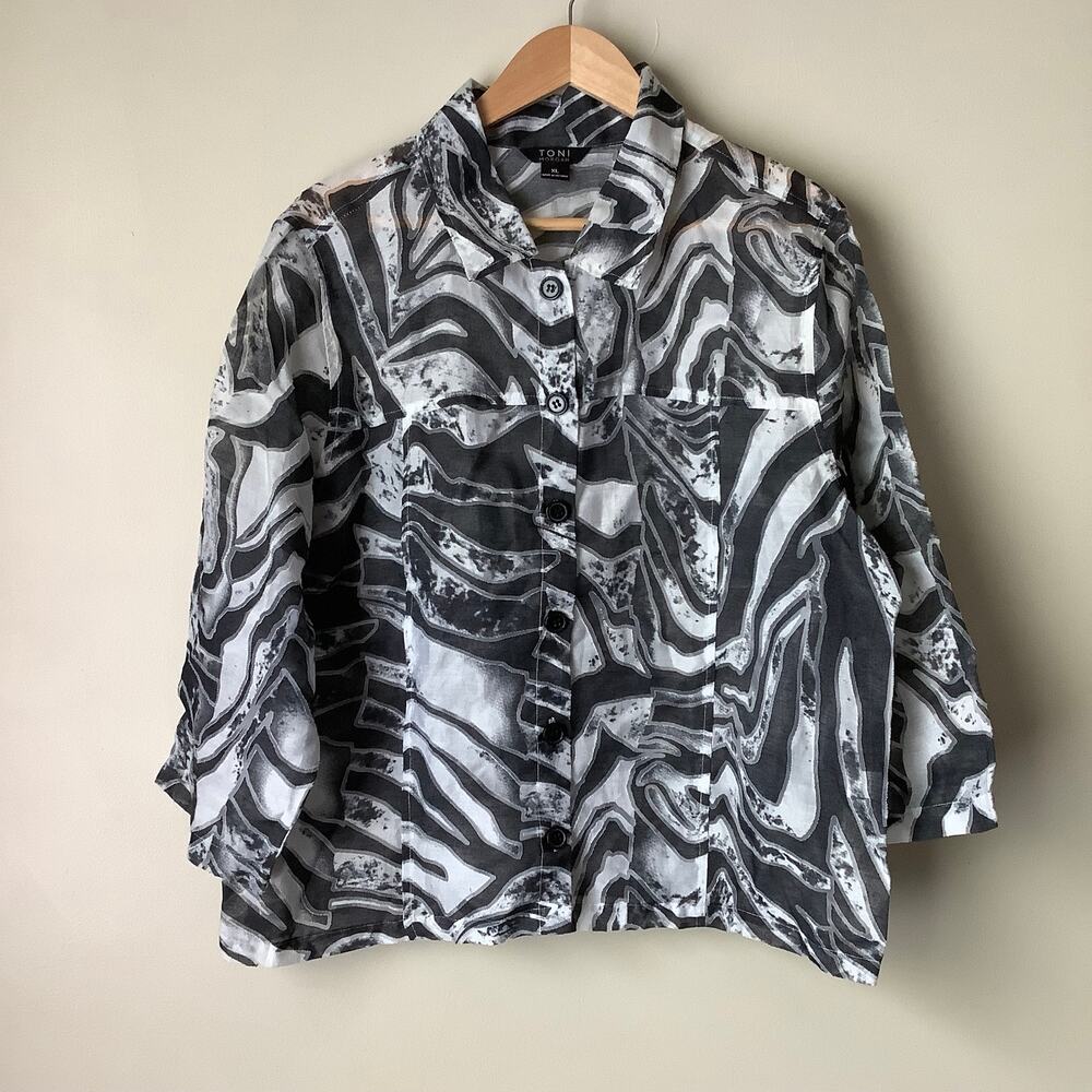 Toni Morgan Womens Zebra Animal Print Sheer Button Front Bohemian Blouse Sz XL